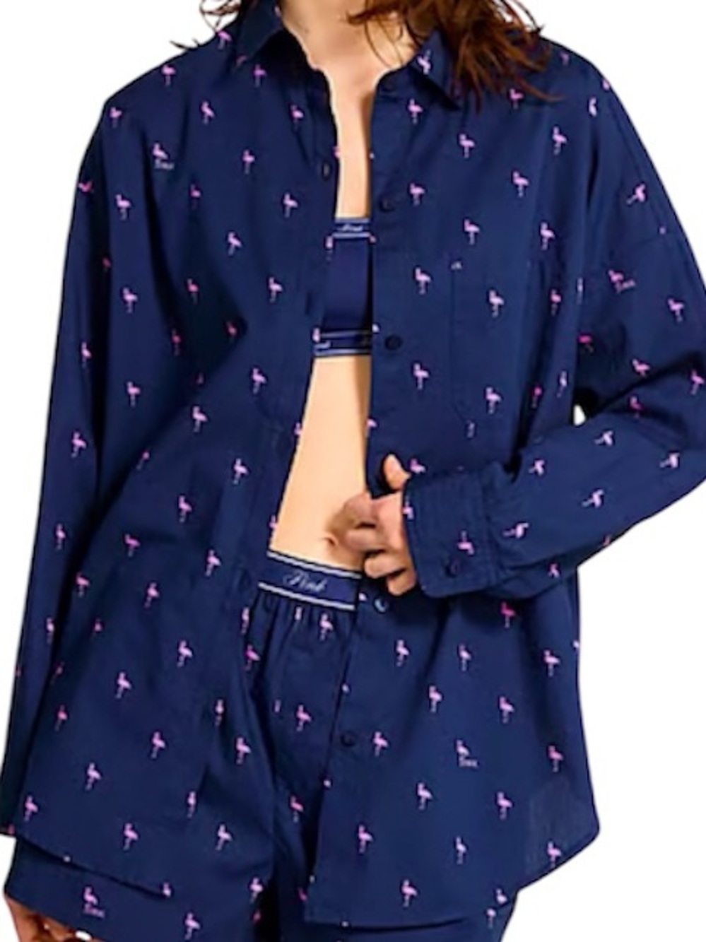 PINK Flamingo Cotton Poplin Oversized Button Down Nightshirt